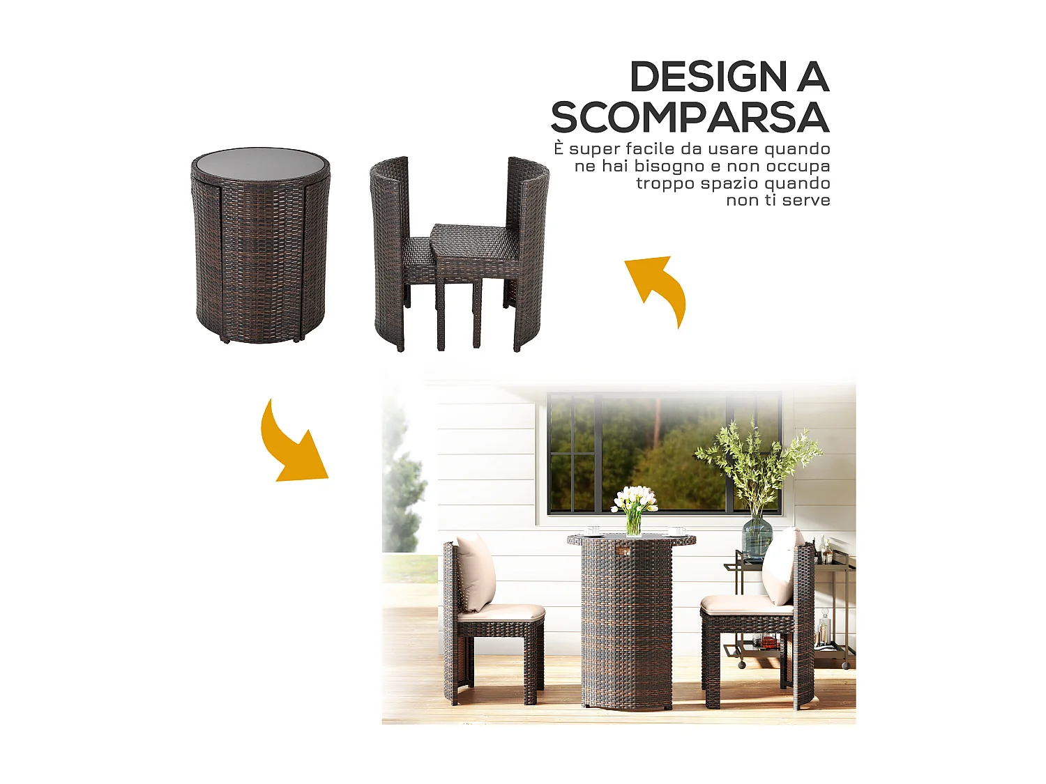 Set tavolino e sedie da esterno e giardino in rattan marrone e beige