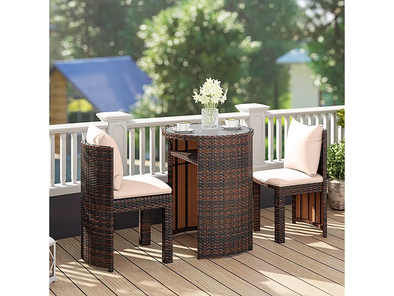 Set tavolino e sedie da esterno e giardino in rattan marrone e beige