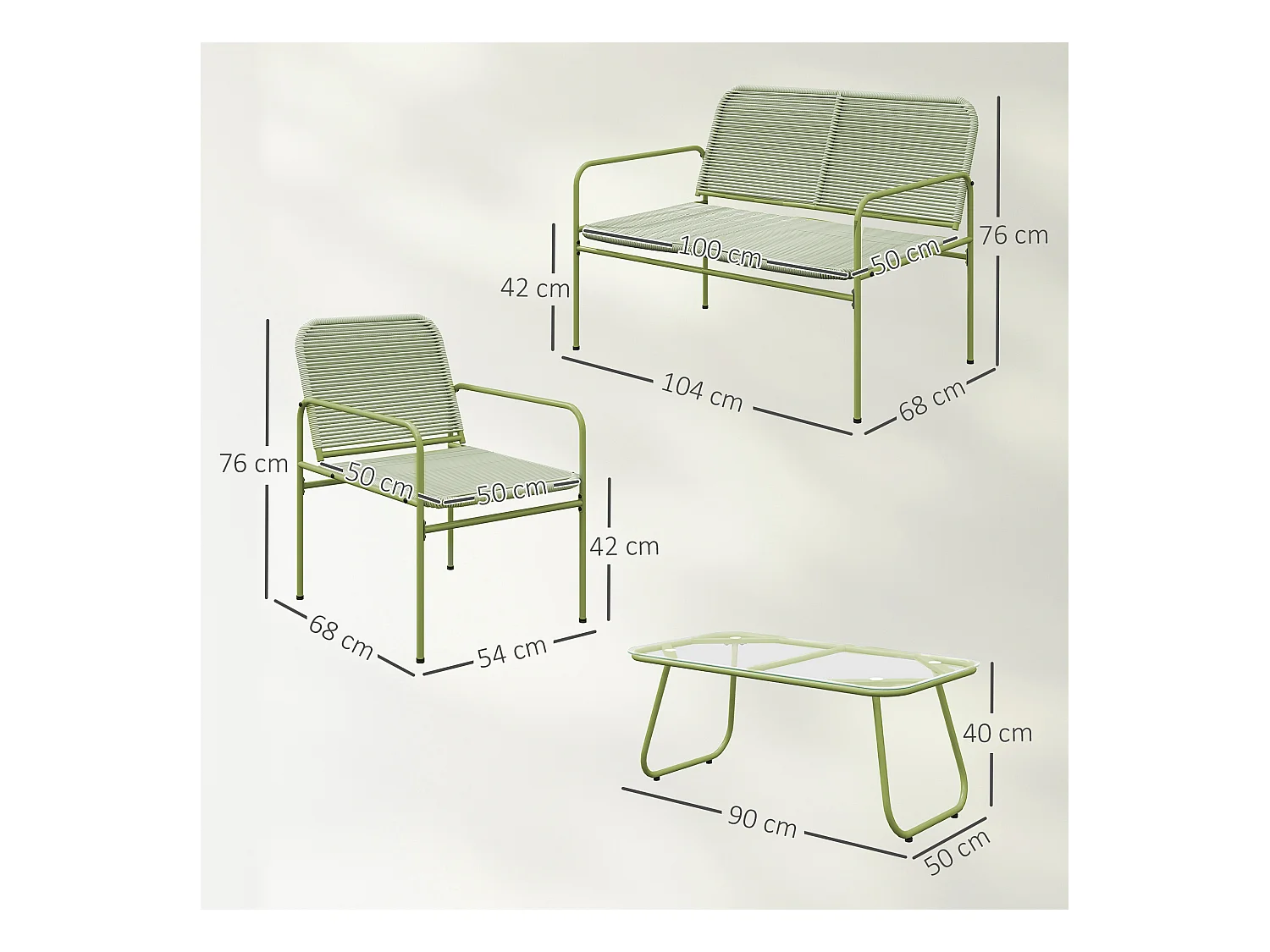 Set da giardino con divano 2 poltrone e tavolino in rattan verde