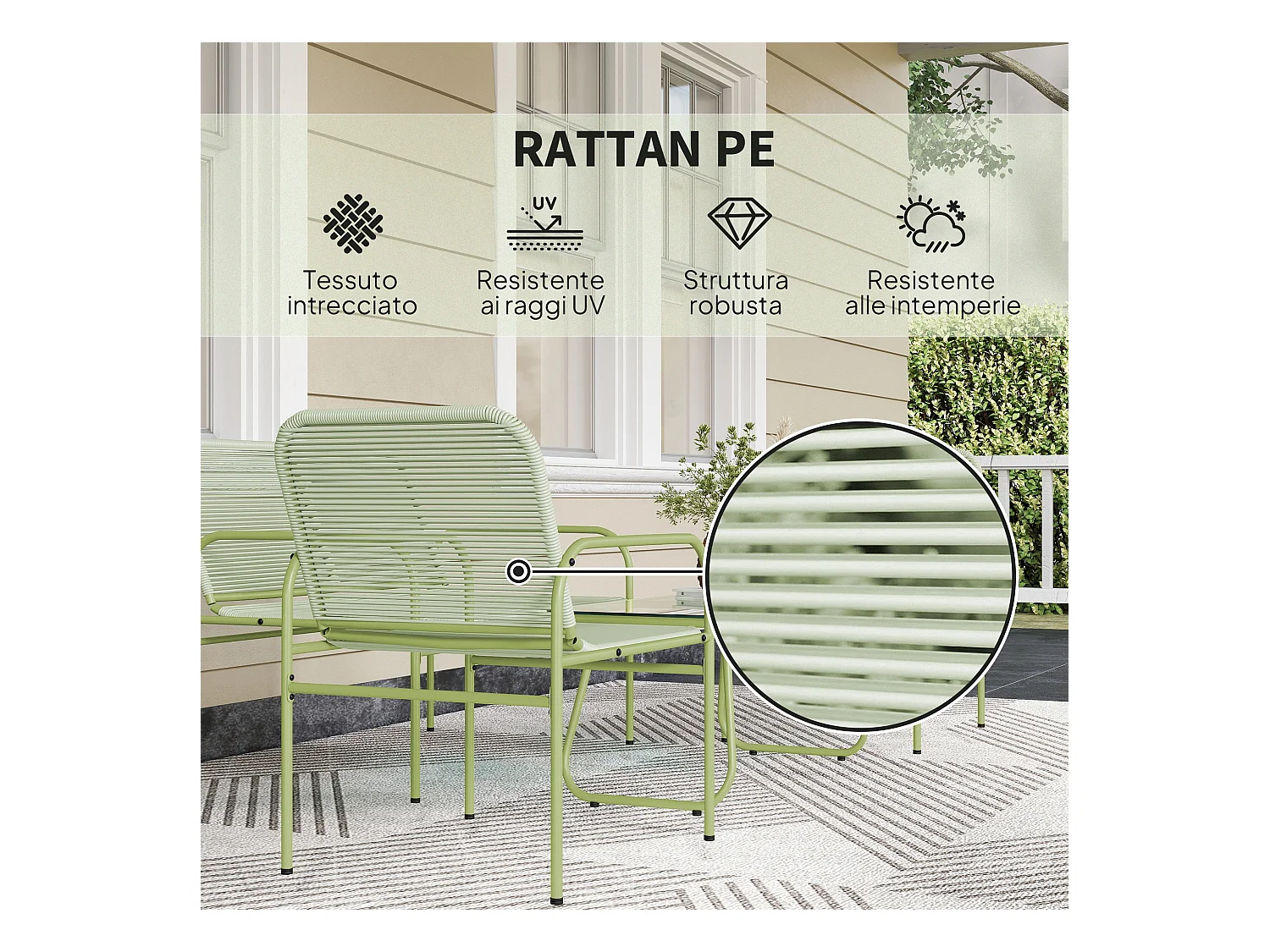Set da giardino con divano 2 poltrone e tavolino in rattan verde