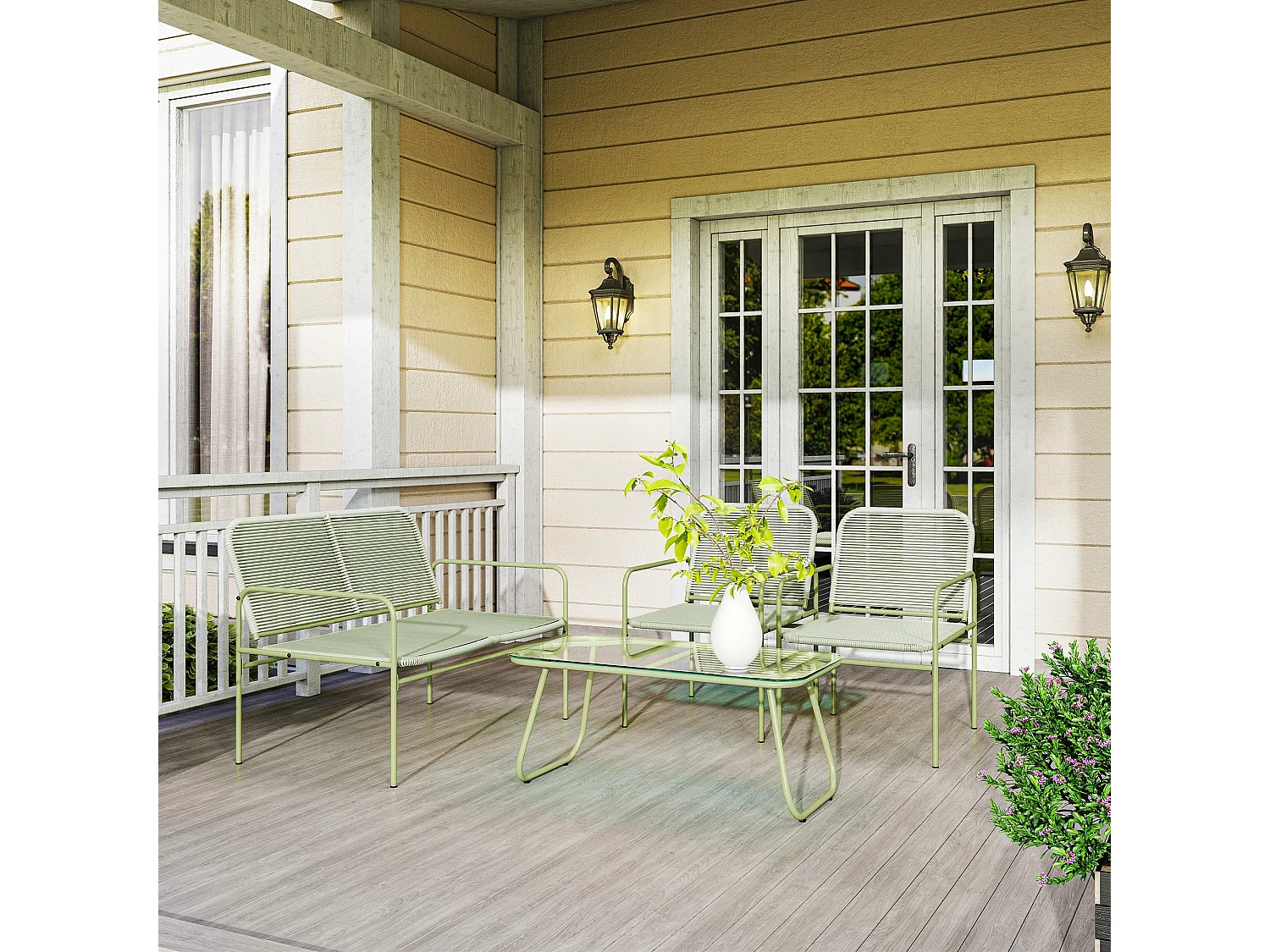 Set da giardino con divano 2 poltrone e tavolino in rattan verde