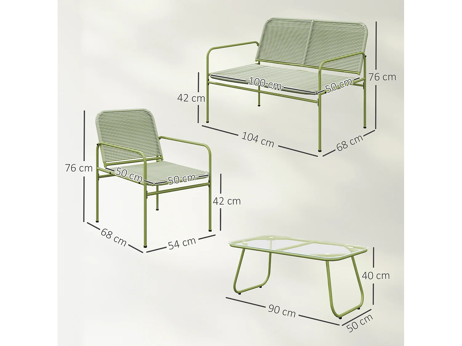 Set da giardino con divano 2 poltrone e tavolino in rattan verde