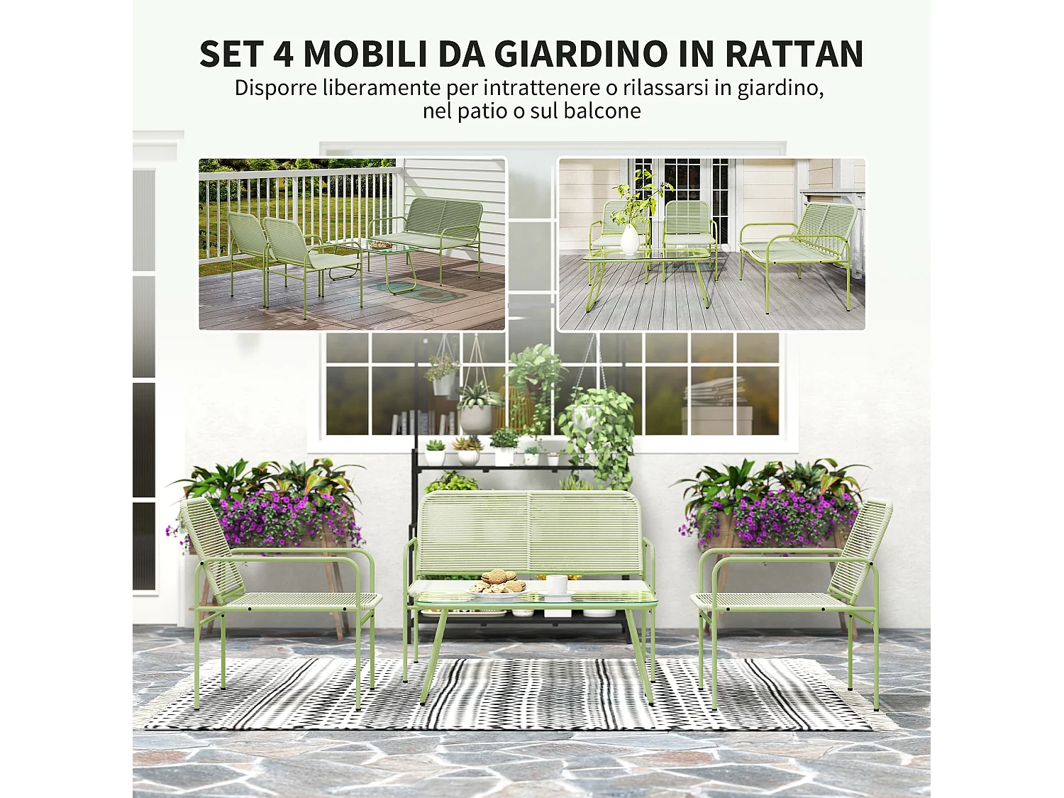 Set da giardino con divano 2 poltrone e tavolino in rattan verde