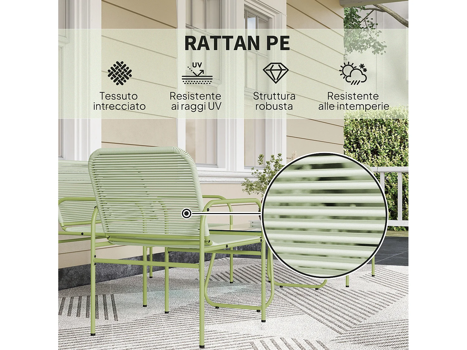 Set da giardino con divano 2 poltrone e tavolino in rattan verde