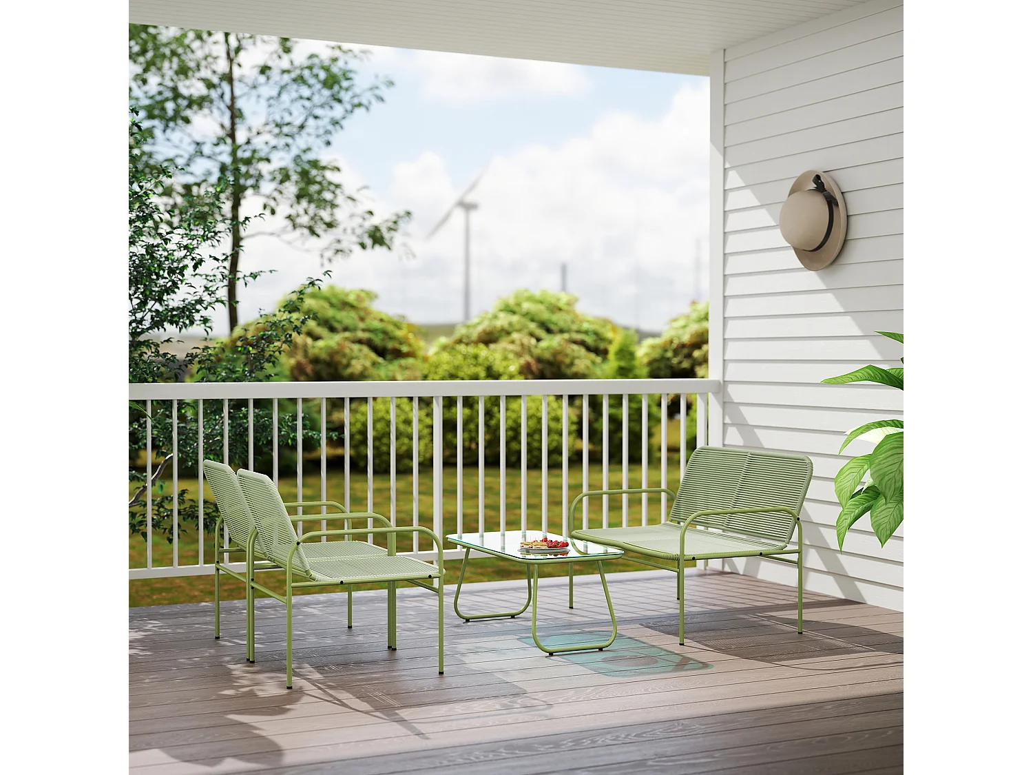 Set da giardino con divano 2 poltrone e tavolino in rattan verde