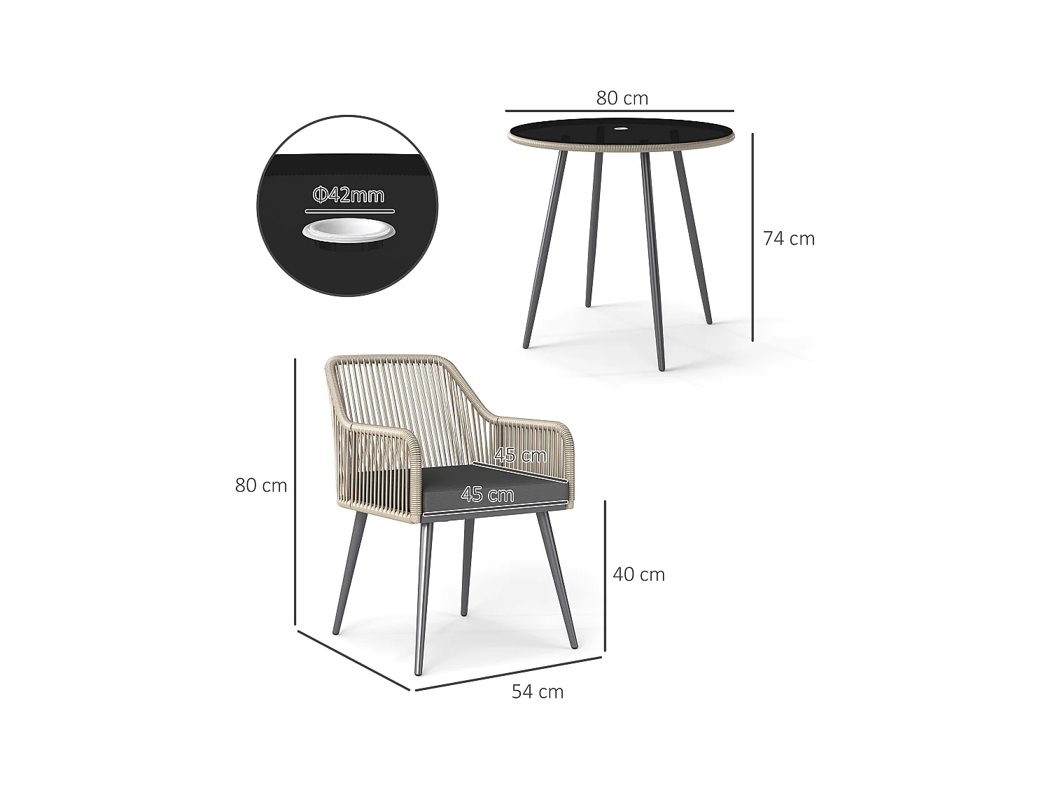 Set da giardino 5 pz con 4 sedie da esterno e tavolino rotondo