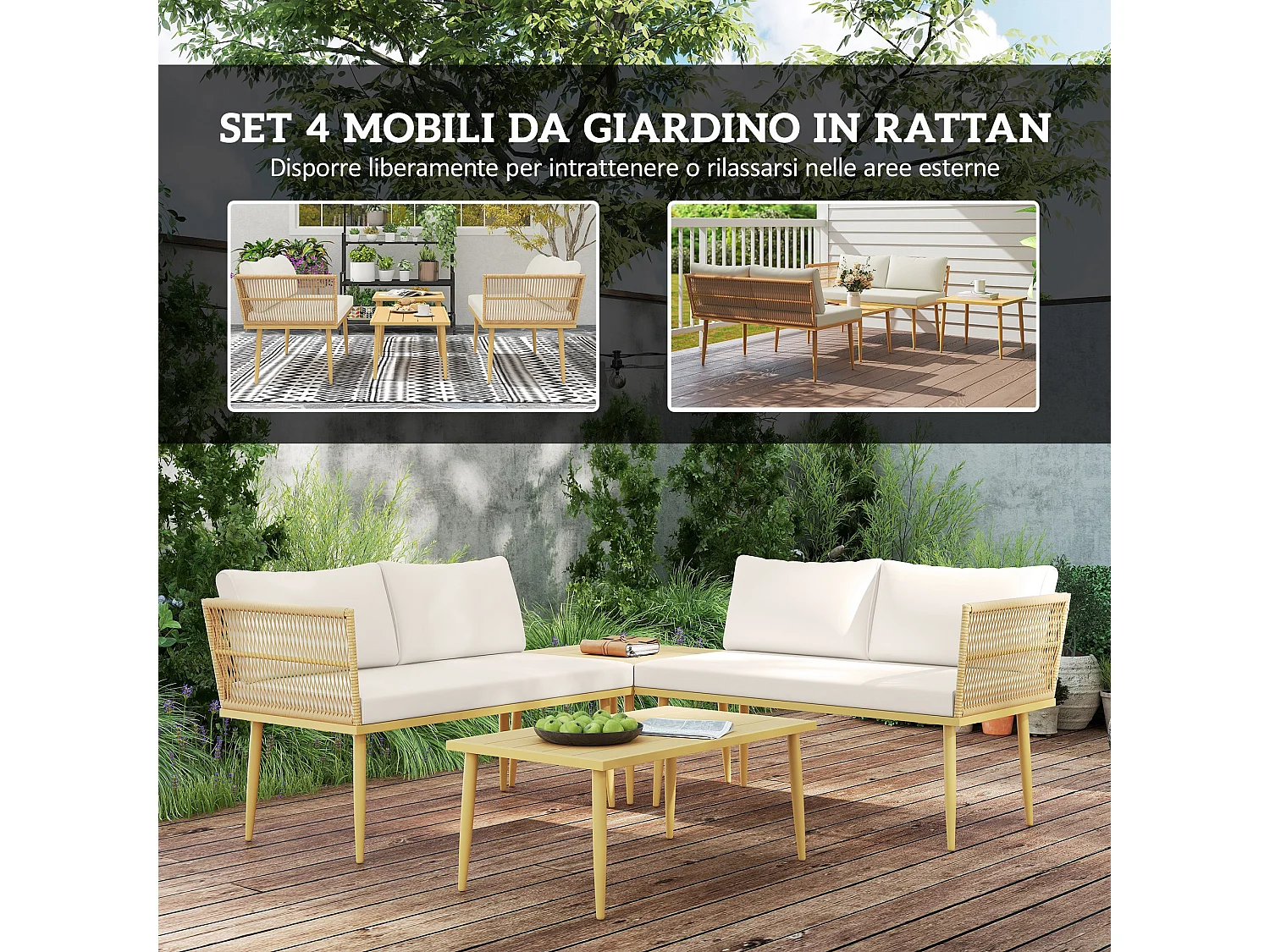 Salotto da esterno con 2 divanetti e 2 tavolini in rattan pe