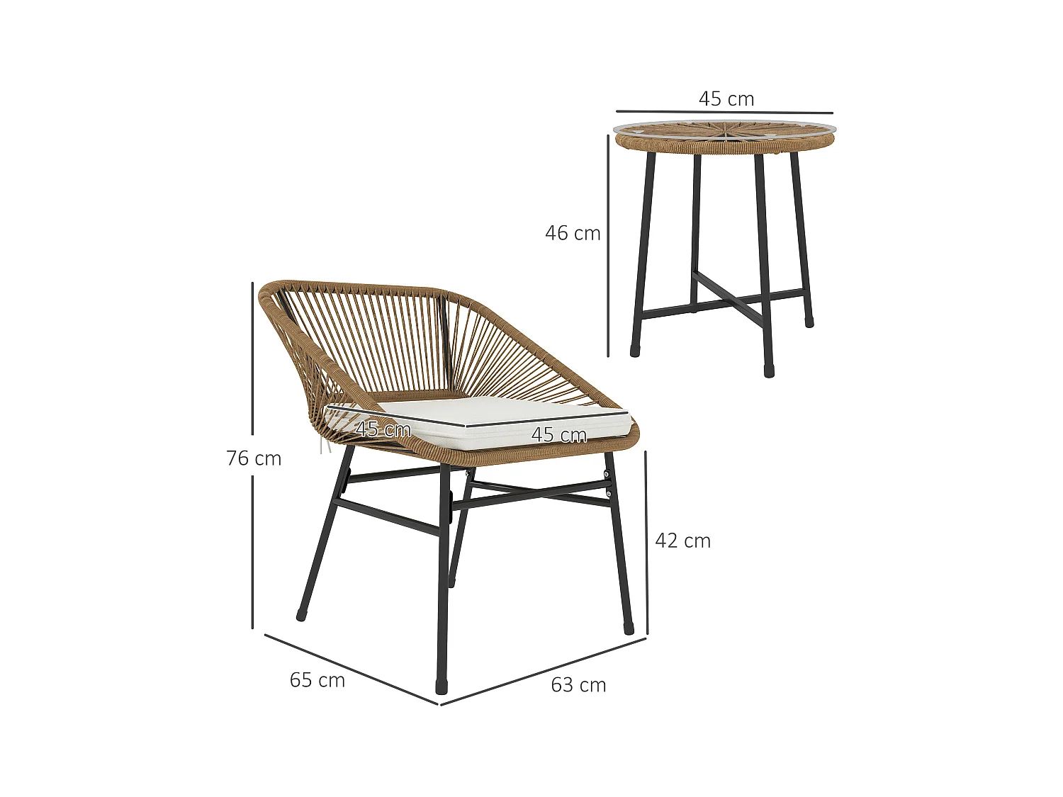 Set da giardino 3pz con 2 sedie con cuscino e tavolino rotondo