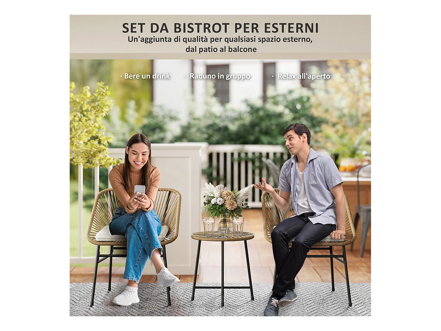 Set da giardino 3pz con 2 sedie con cuscino e tavolino rotondo