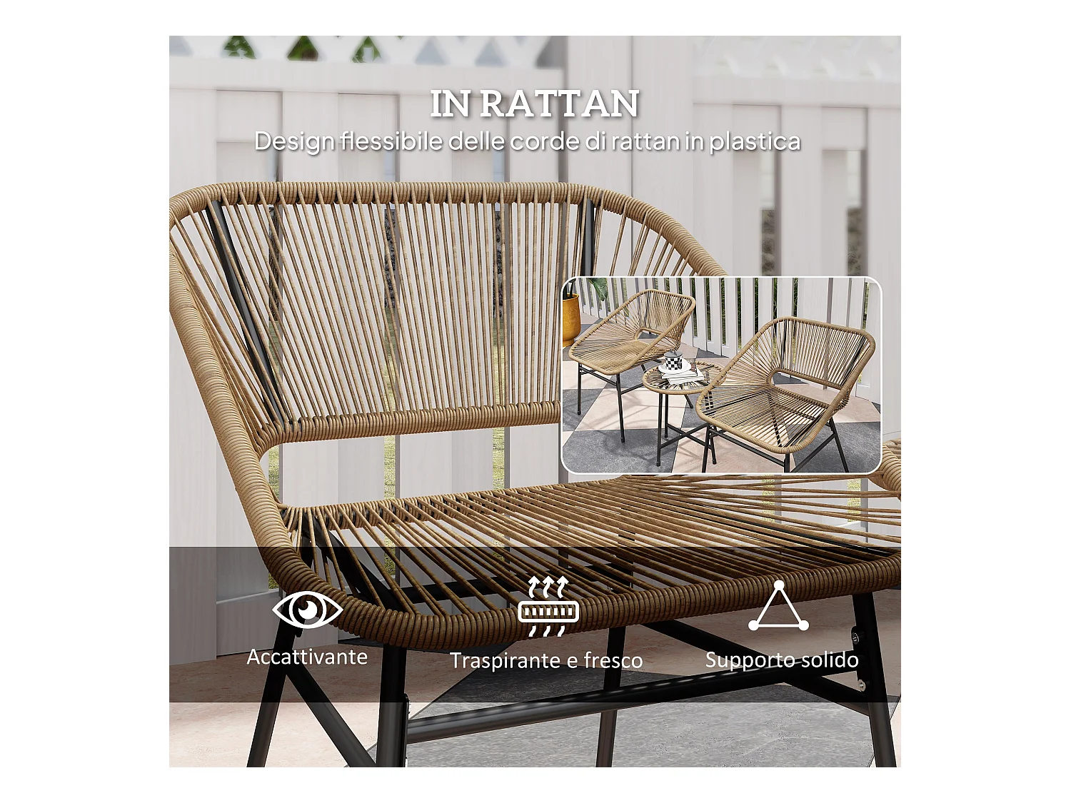 Set da giardino 3pz con 2 sedie con cuscino e tavolino rotondo