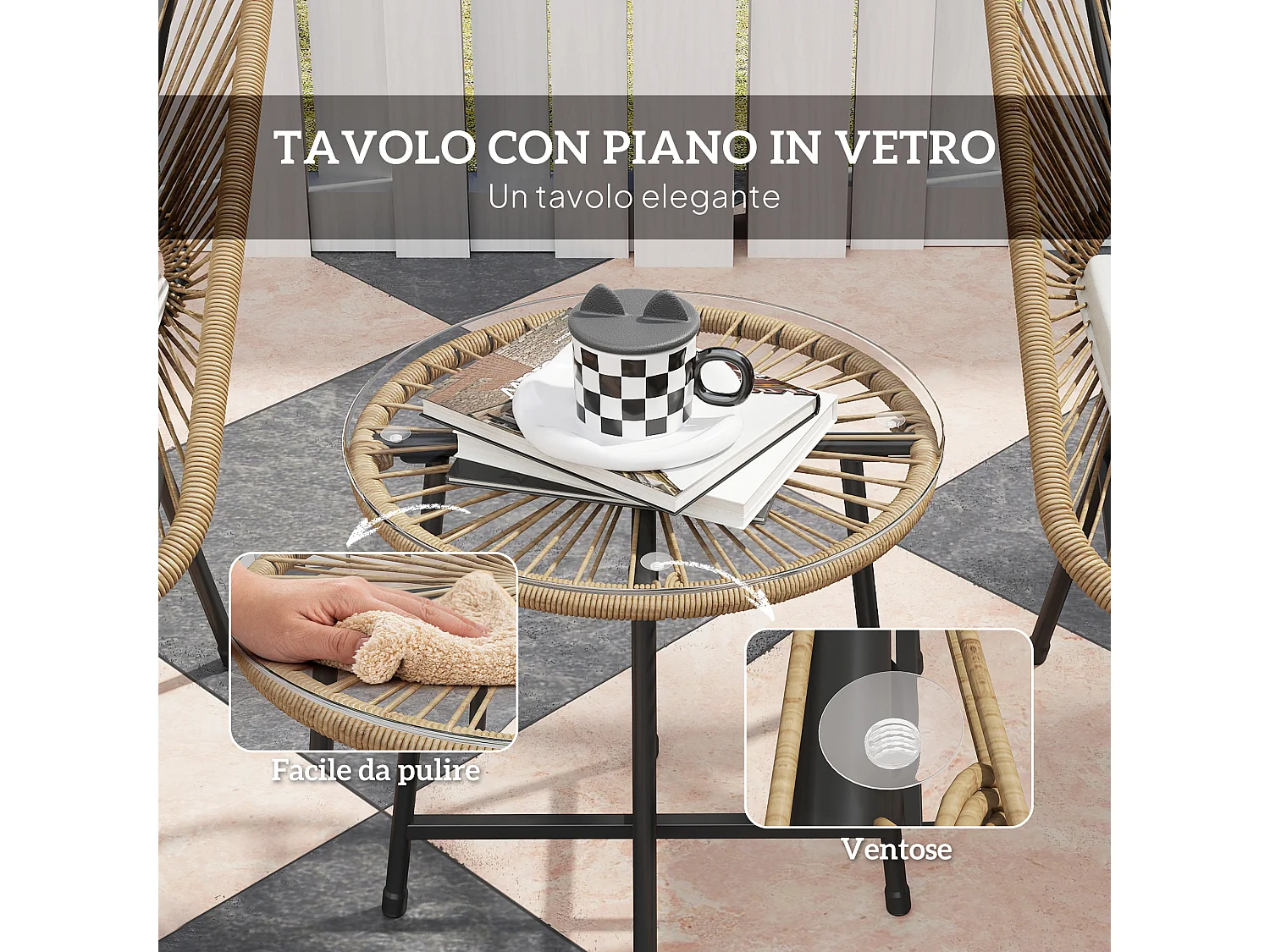 Set da giardino 3pz con 2 sedie con cuscino e tavolino rotondo