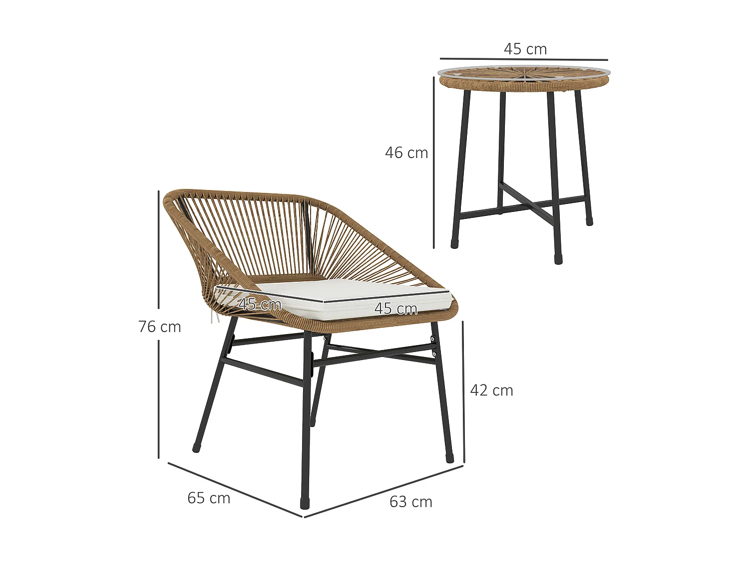 Set da giardino 3pz con 2 sedie con cuscino e tavolino rotondo