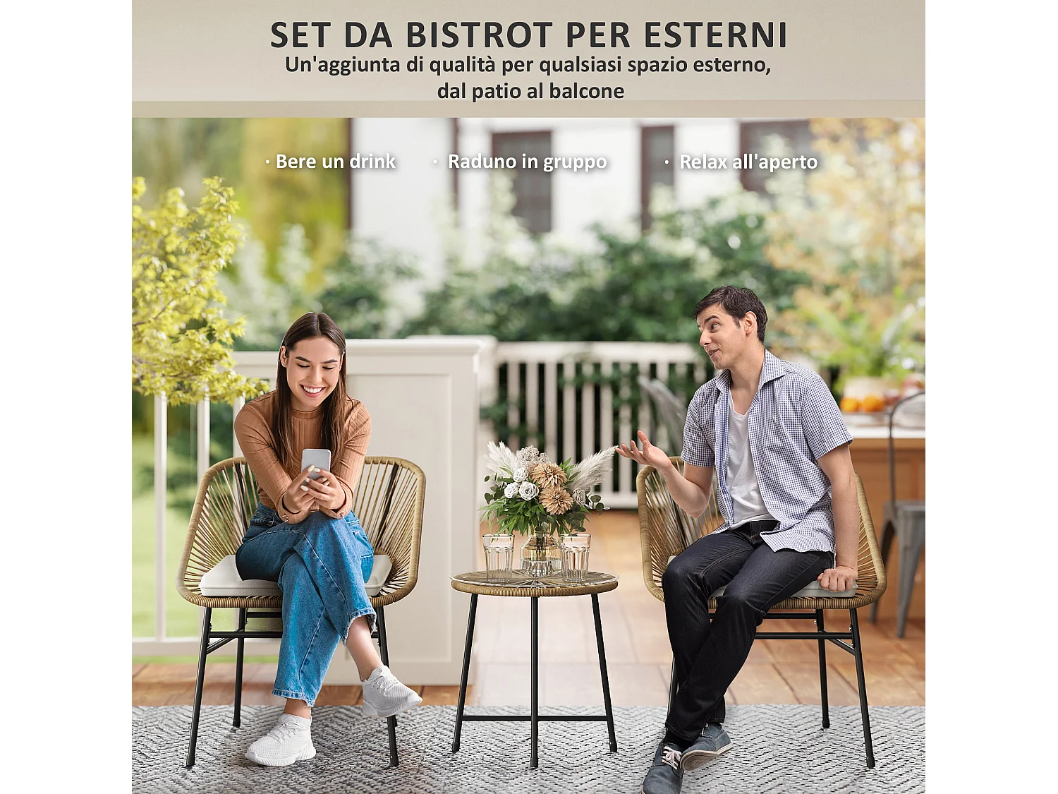 Set da giardino 3pz con 2 sedie con cuscino e tavolino rotondo