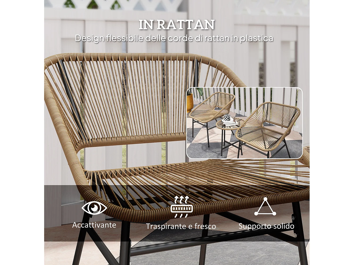 Set da giardino 3pz con 2 sedie con cuscino e tavolino rotondo