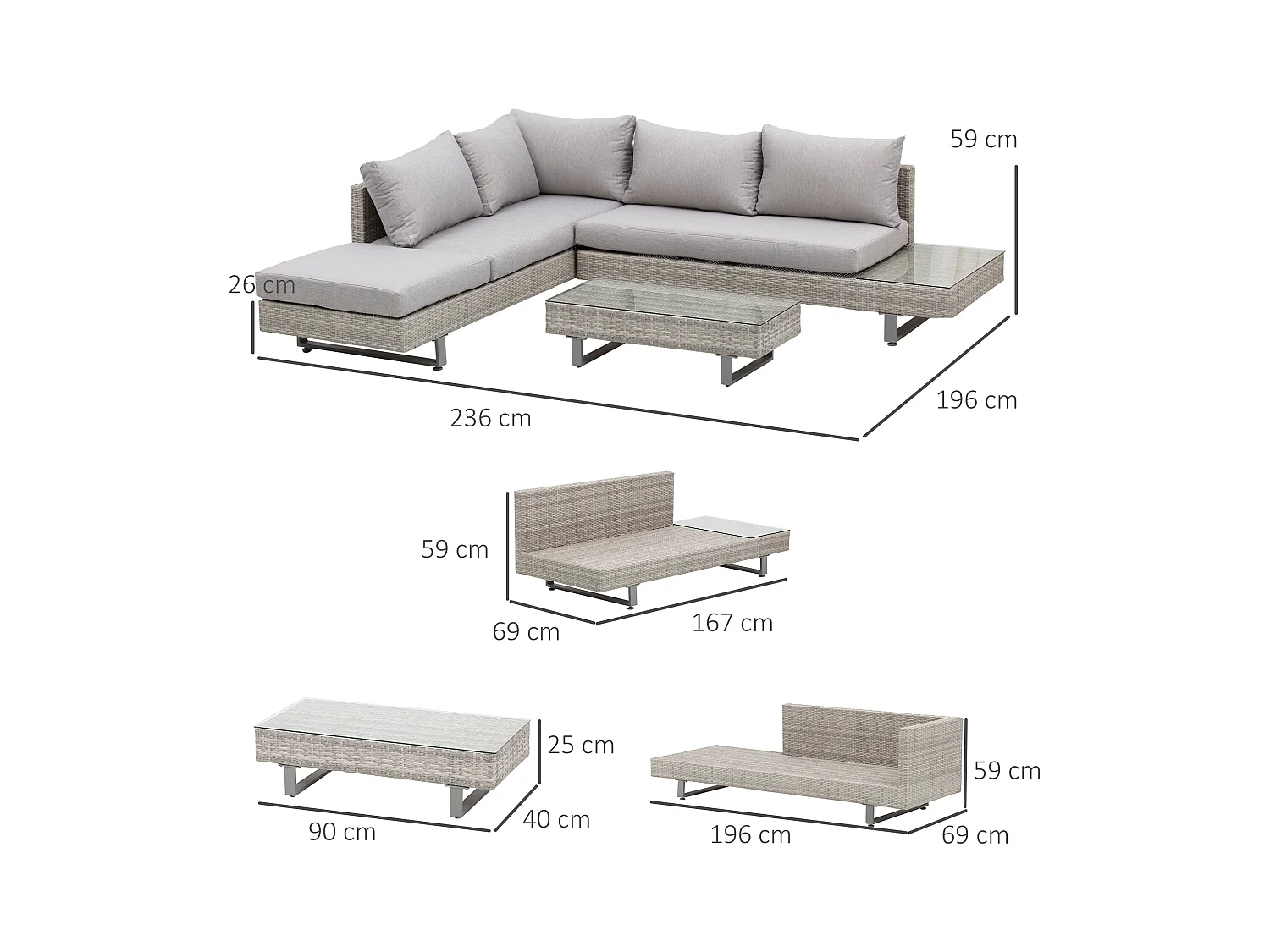 Salotto da giardino set divani con tavolino in rattan grigio