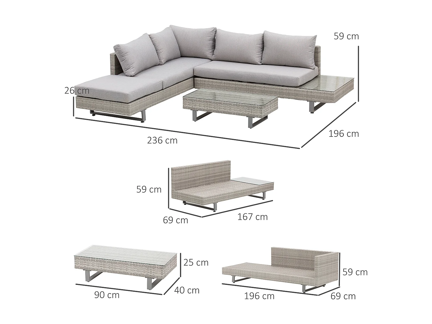 Salotto da giardino set divani con tavolino in rattan grigio