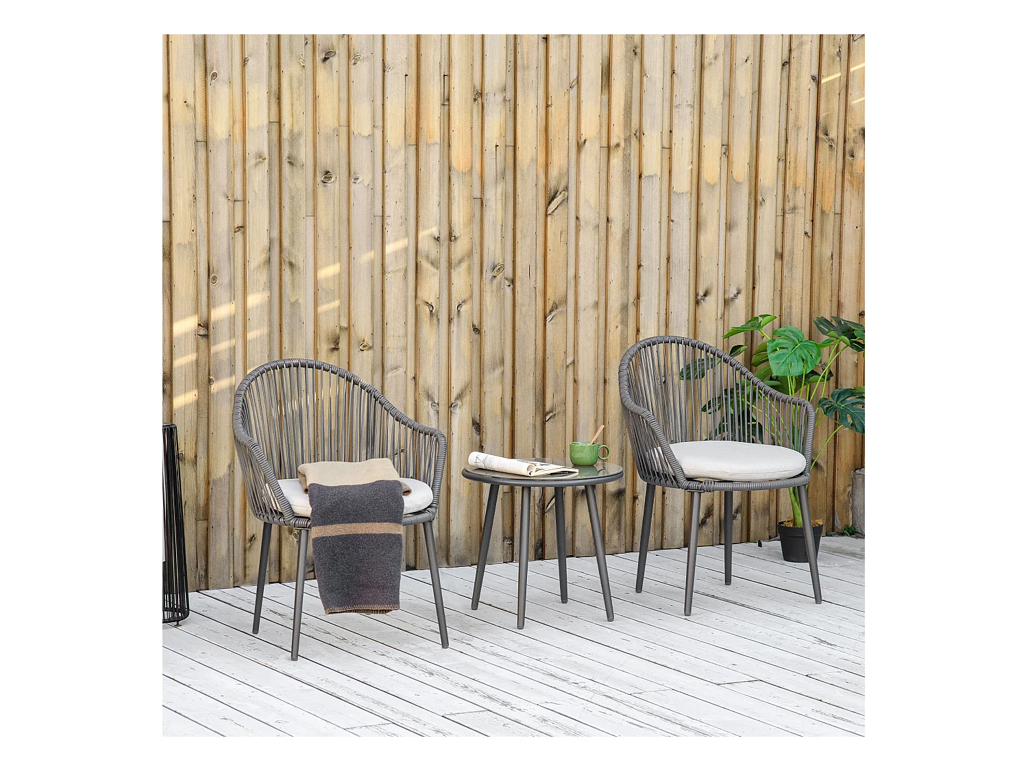 Set da giardino 2 sedie con cuscini e tavolino rotondo in rattan pe