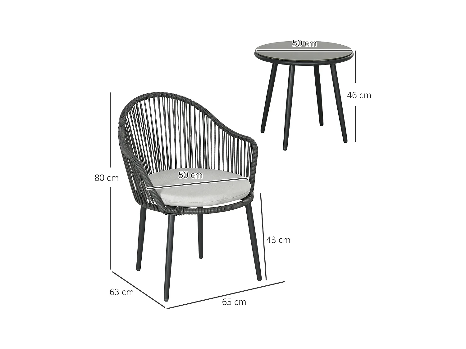 Set da giardino 2 sedie con cuscini e tavolino rotondo in rattan pe