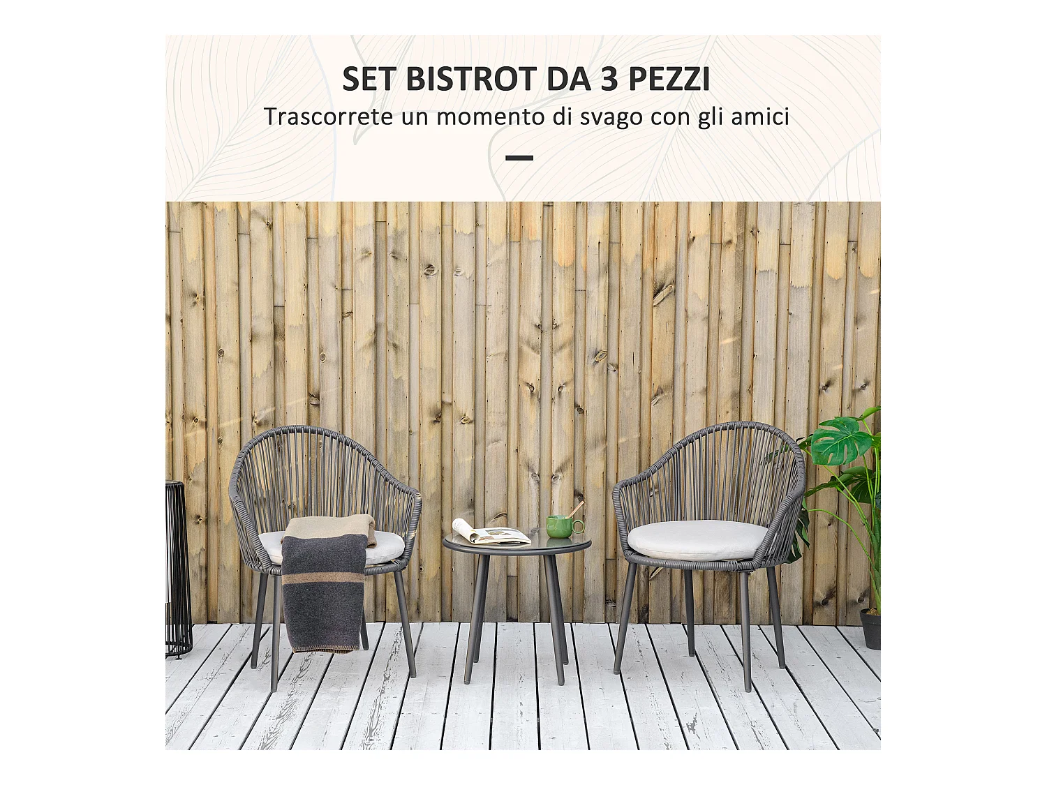Set da giardino 2 sedie con cuscini e tavolino rotondo in rattan pe