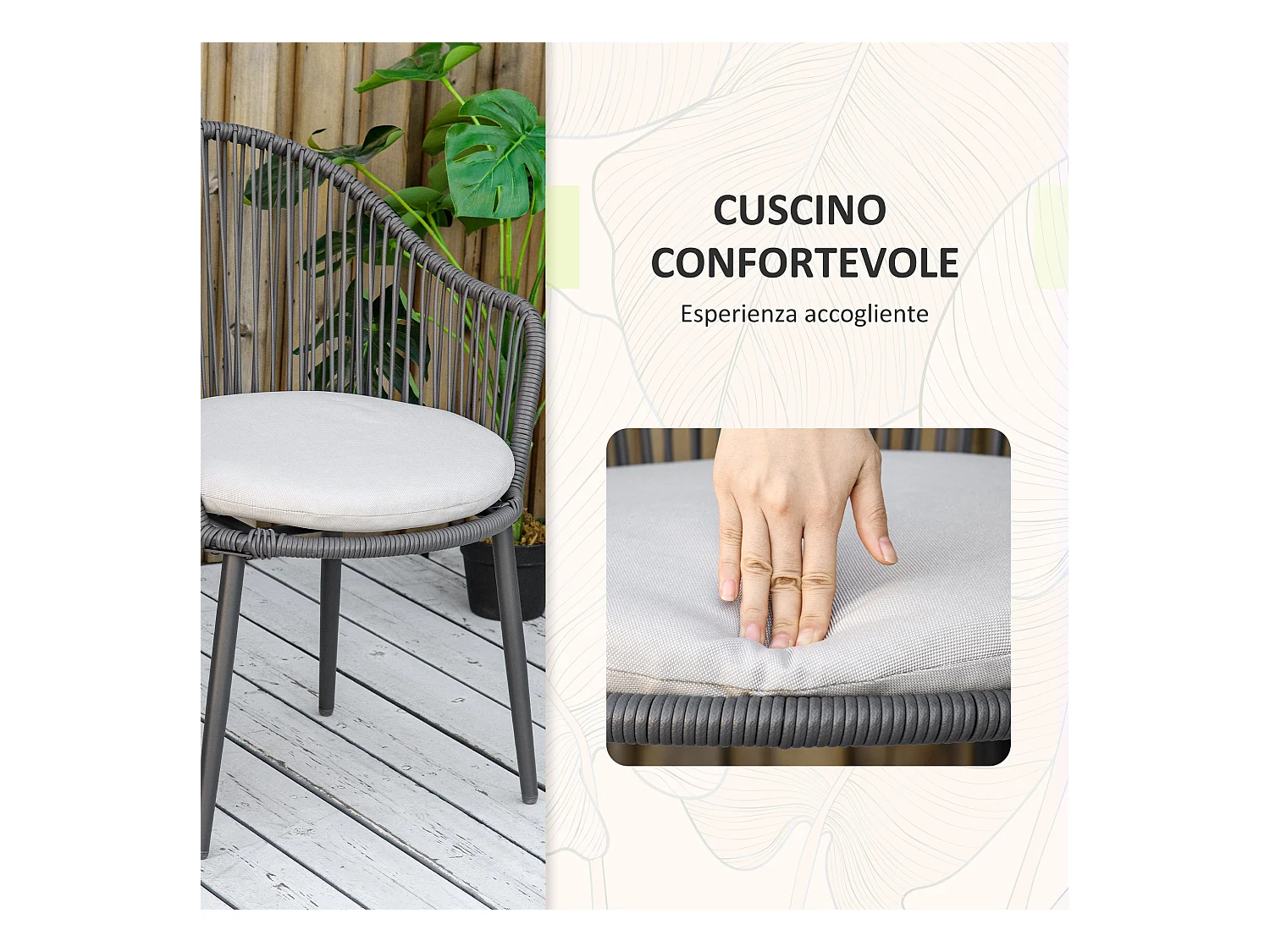 Set da giardino 2 sedie con cuscini e tavolino rotondo in rattan pe