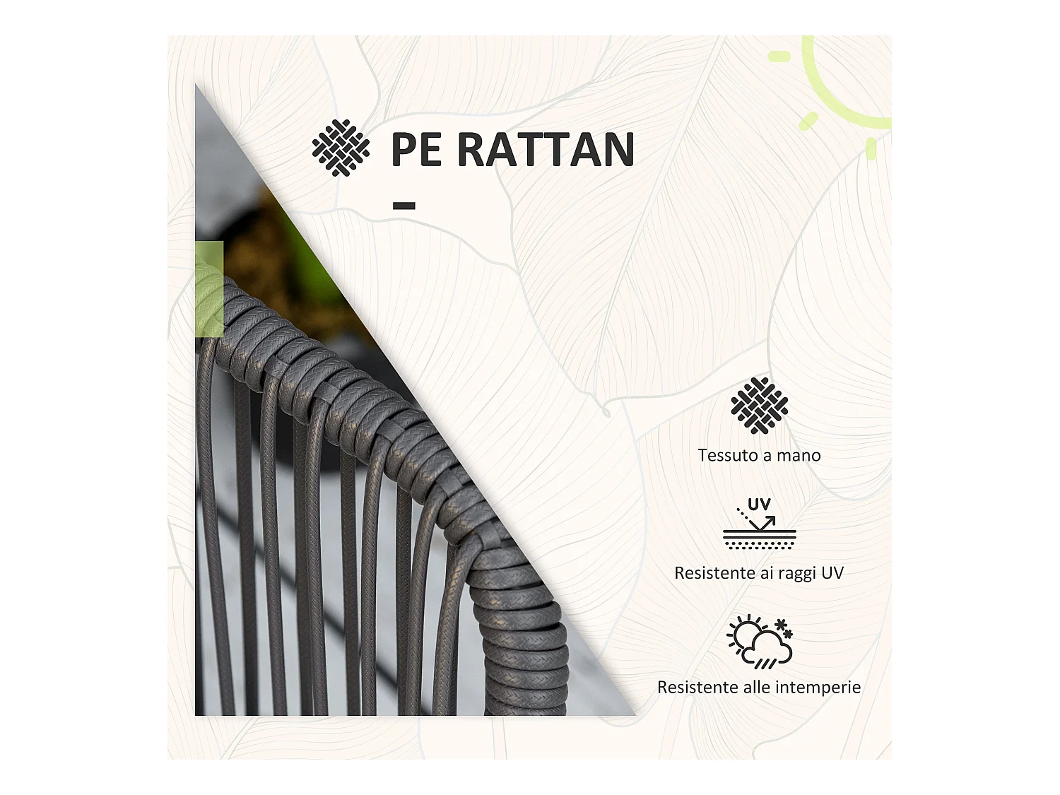 Set da giardino 2 sedie con cuscini e tavolino rotondo in rattan pe