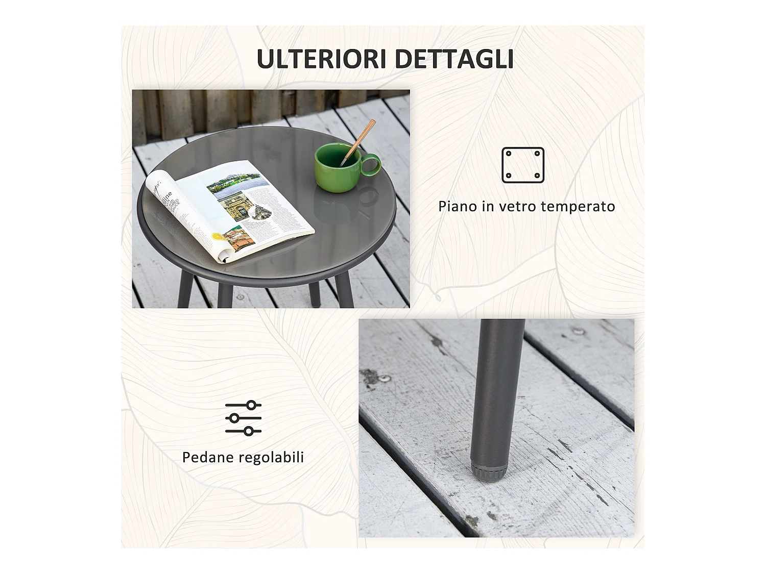 Set da giardino 2 sedie con cuscini e tavolino rotondo in rattan pe