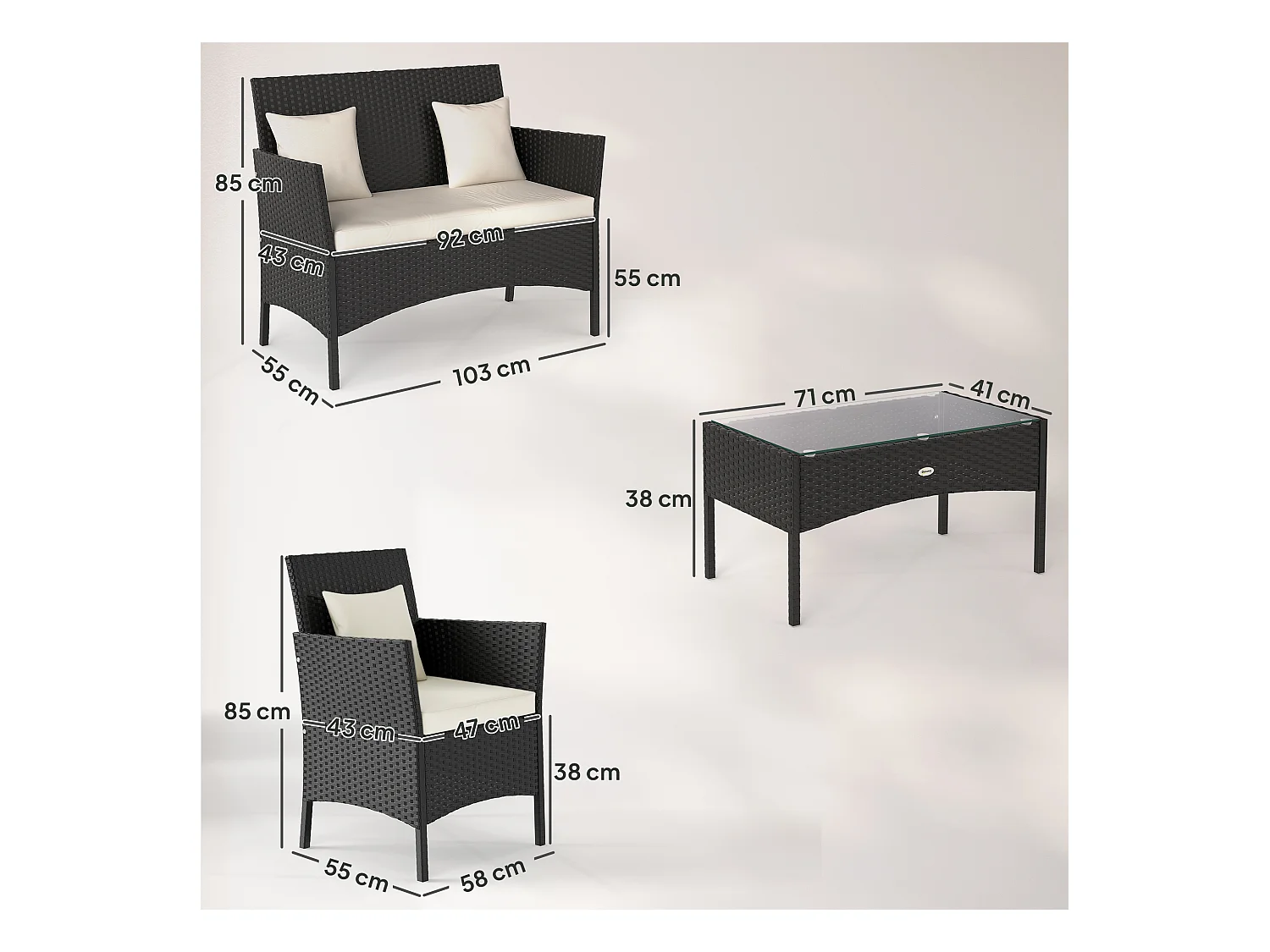 Set da giardino 4pz 2 sedie poltrona 2 posti e tavolino basso