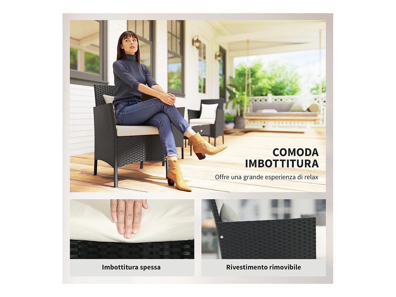 Set da giardino 4pz 2 sedie poltrona 2 posti e tavolino basso