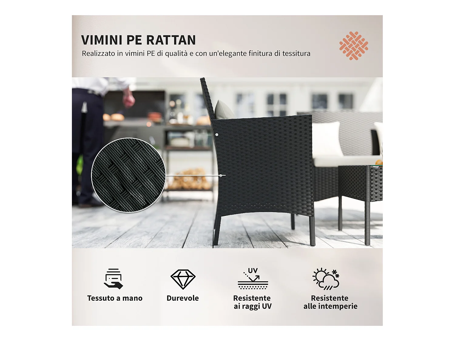 Set da giardino 4pz 2 sedie poltrona 2 posti e tavolino basso