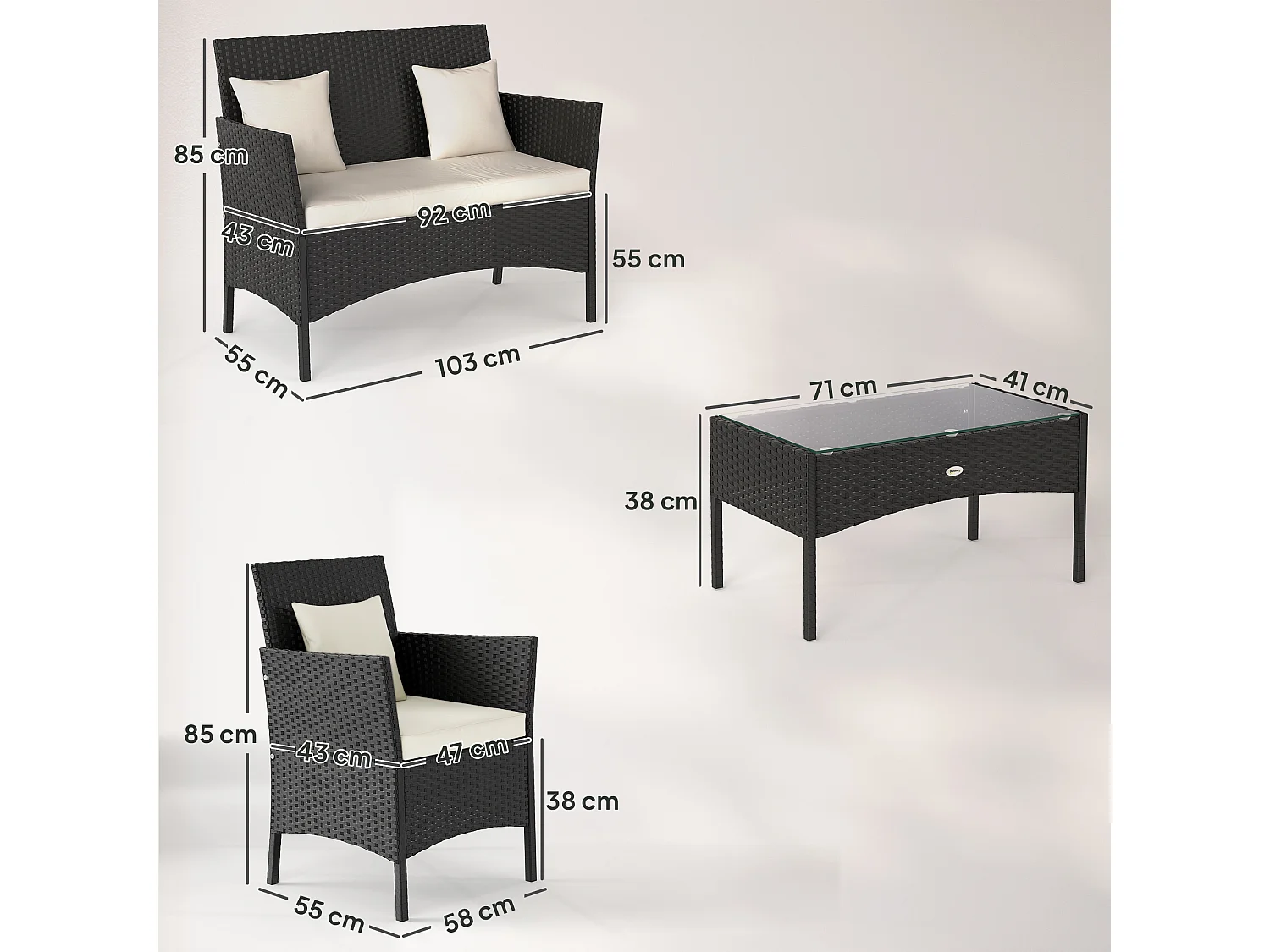 Set da giardino 4pz 2 sedie poltrona 2 posti e tavolino basso