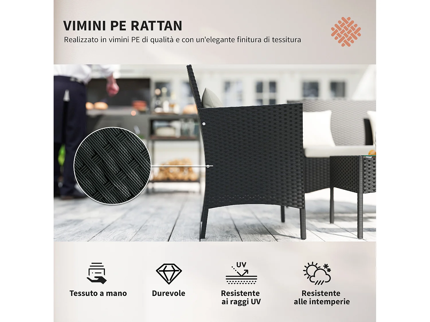 Set da giardino 4pz 2 sedie poltrona 2 posti e tavolino basso