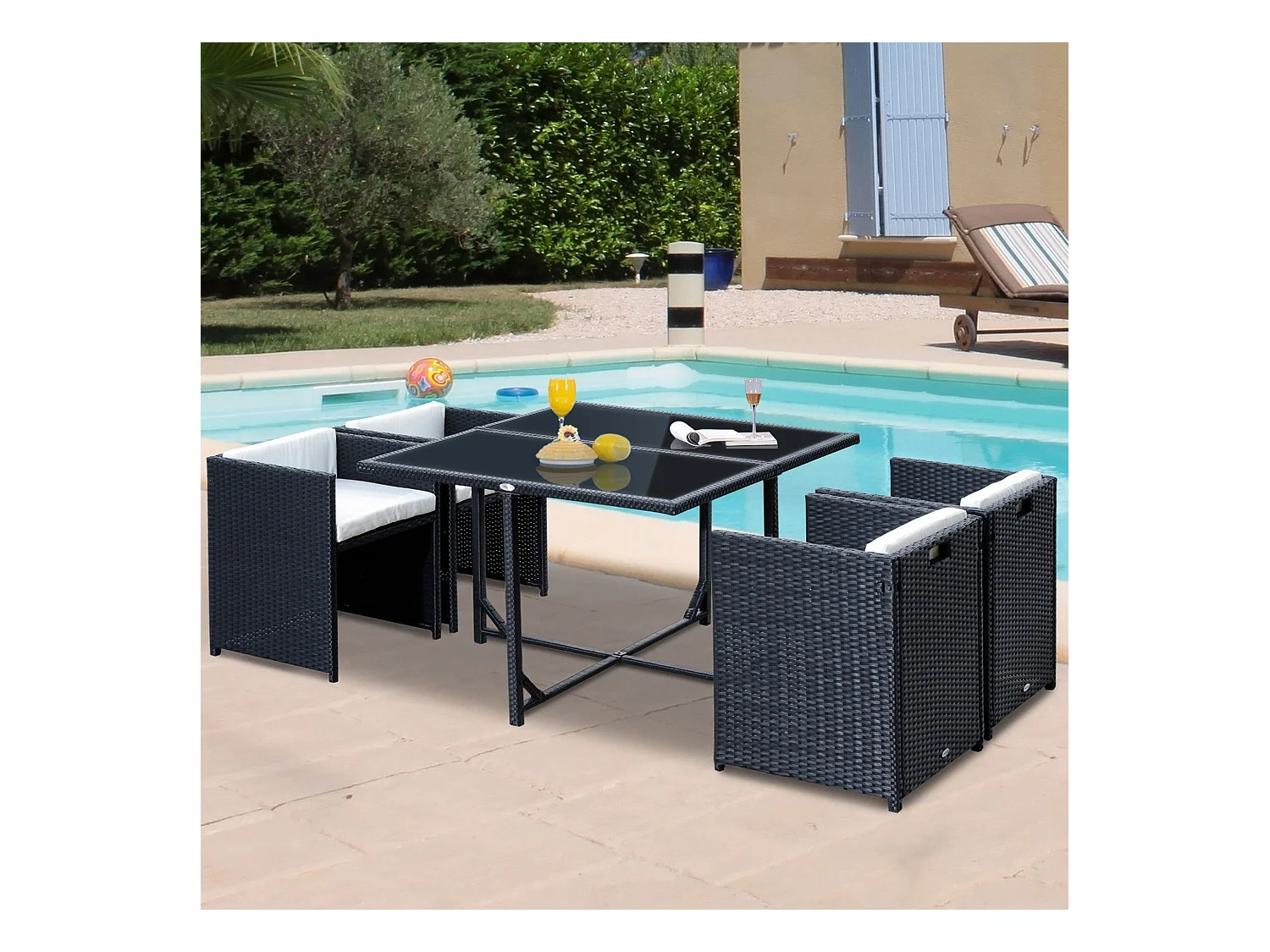 Set mobili da giardino con tavolo e 4 sedie imbottite salvaspazio