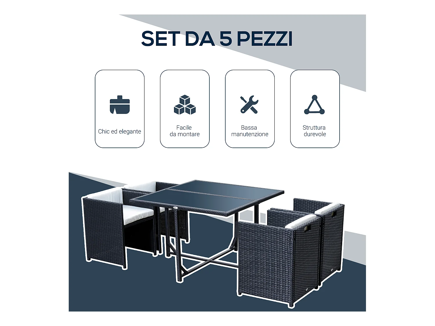 Set mobili da giardino con tavolo e 4 sedie imbottite salvaspazio