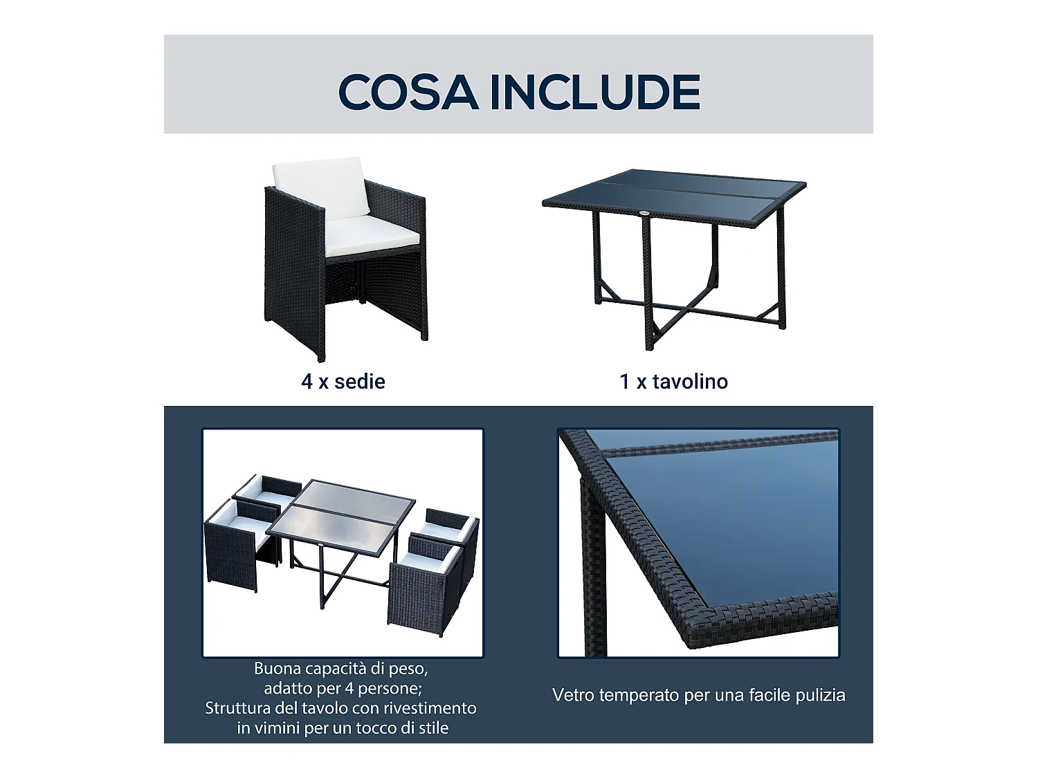 Set mobili da giardino con tavolo e 4 sedie imbottite salvaspazio