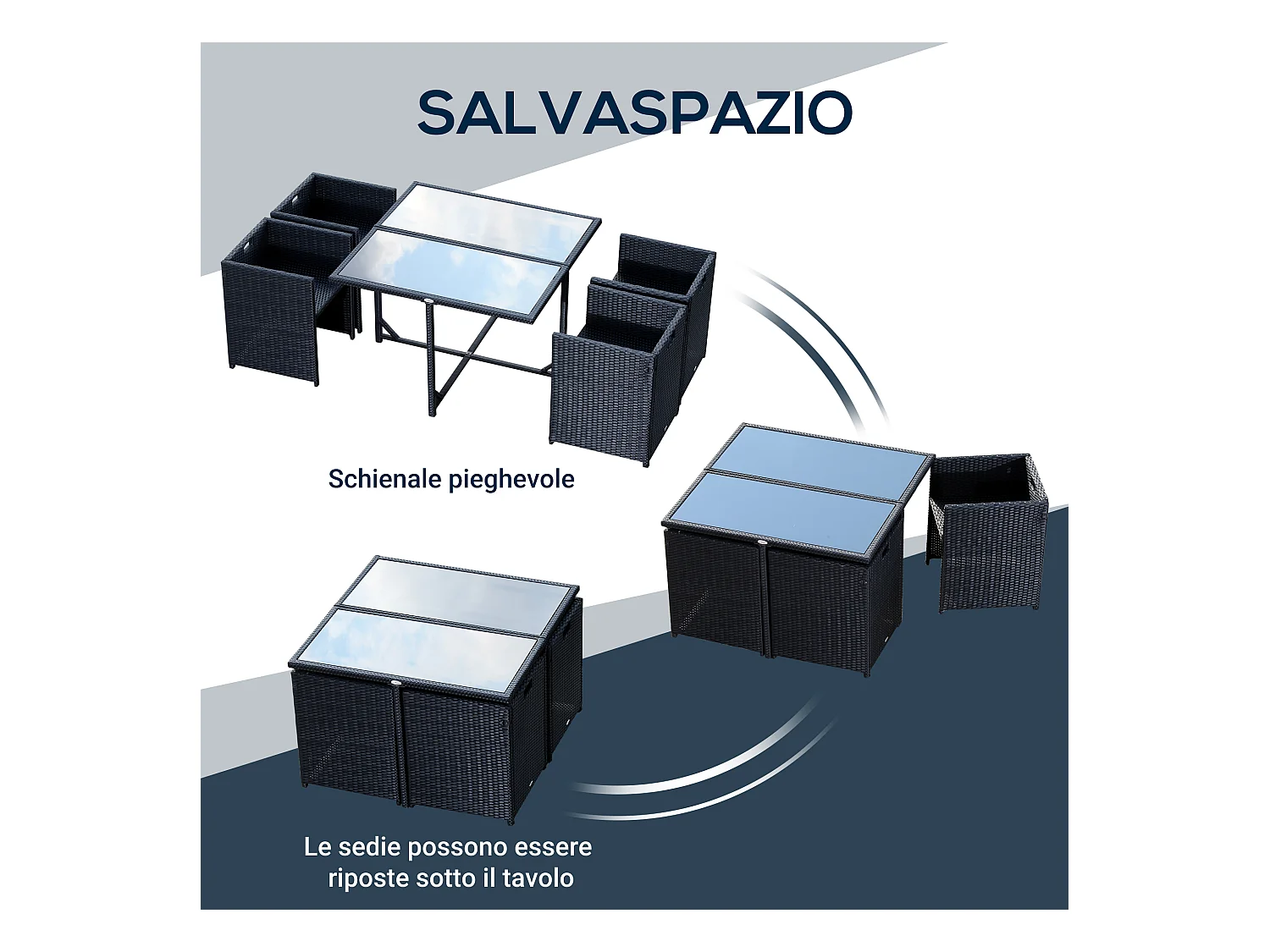 Set mobili da giardino con tavolo e 4 sedie imbottite salvaspazio