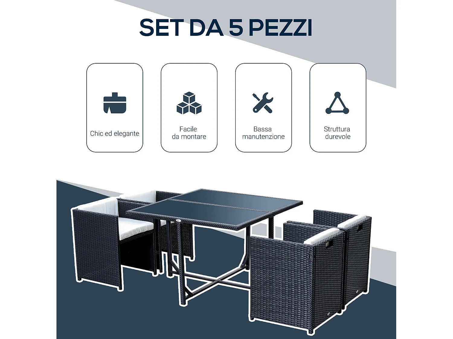 Set mobili da giardino con tavolo e 4 sedie imbottite salvaspazio