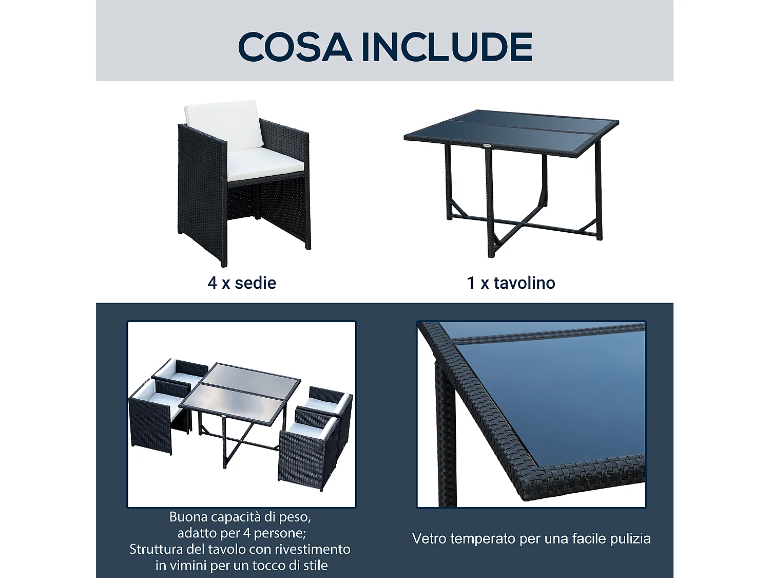 Set mobili da giardino con tavolo e 4 sedie imbottite salvaspazio