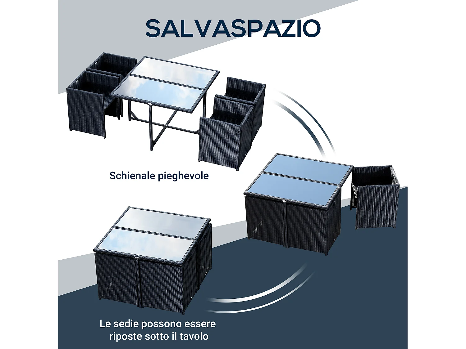 Set mobili da giardino con tavolo e 4 sedie imbottite salvaspazio