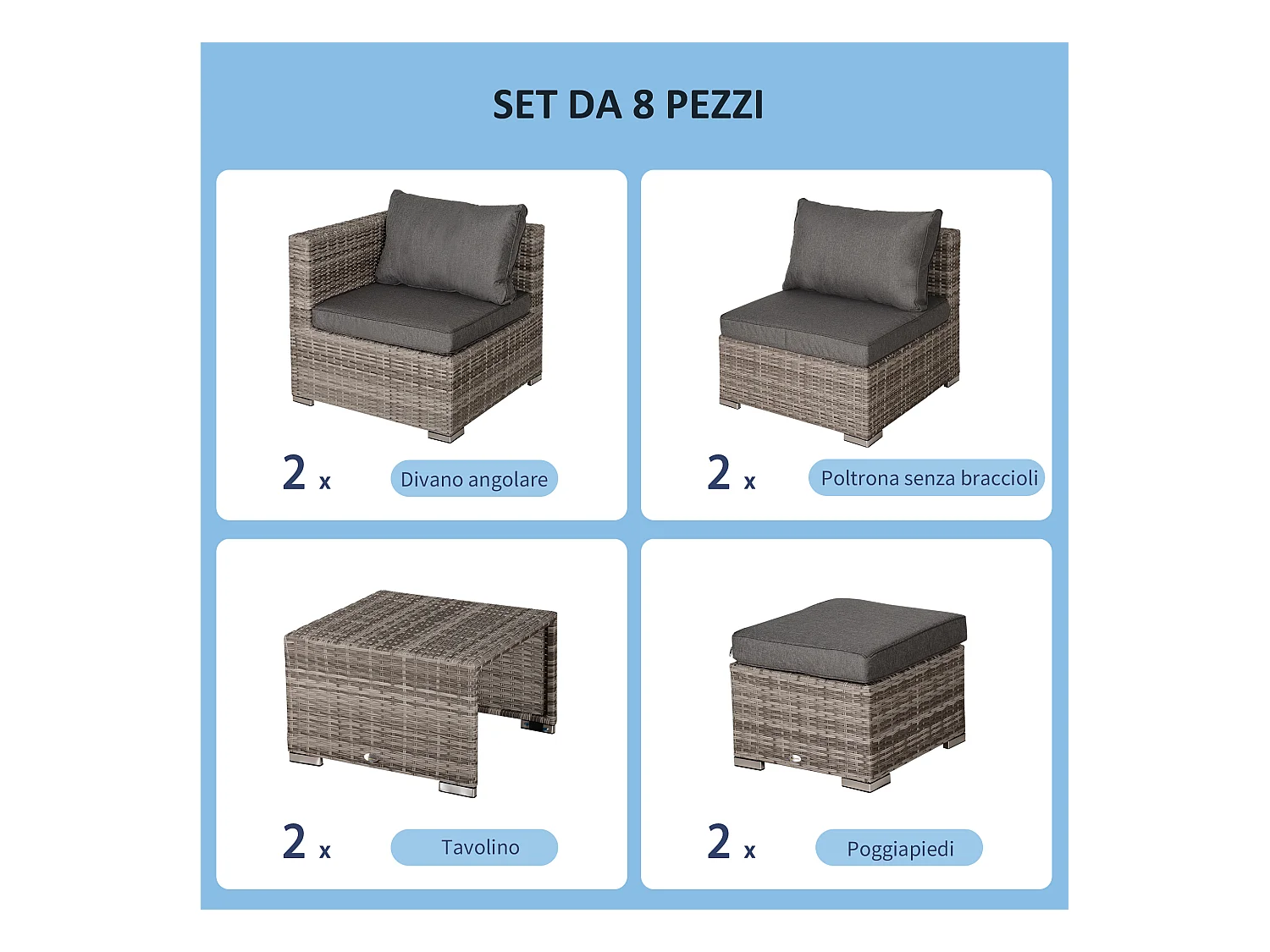 Salotto giardino rattan pe 8 pezzi poltrone tavoli sgabelli