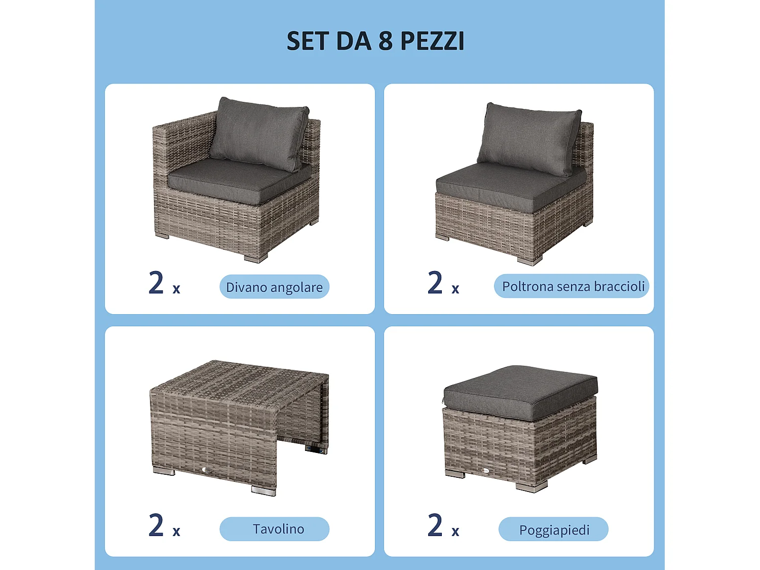 Salotto giardino rattan pe 8 pezzi poltrone tavoli sgabelli