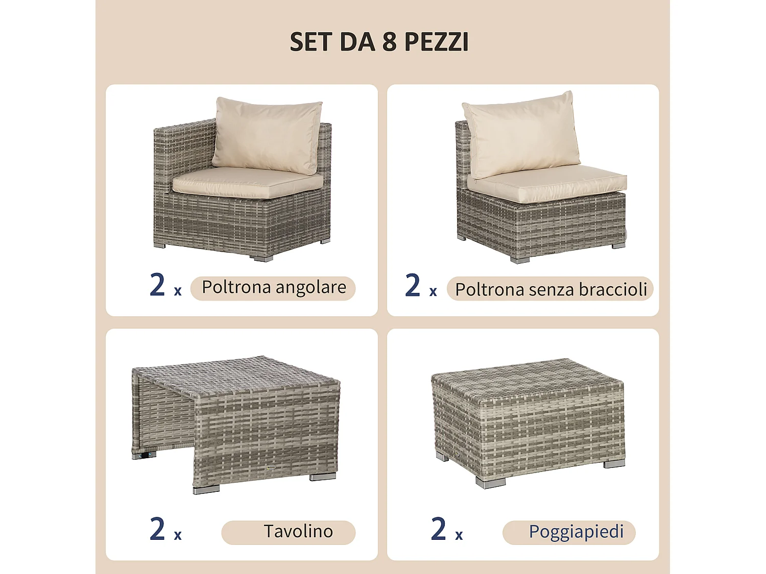 Salotto giardino rattan pe 8 pezzi poltrone tavoli sgabelli