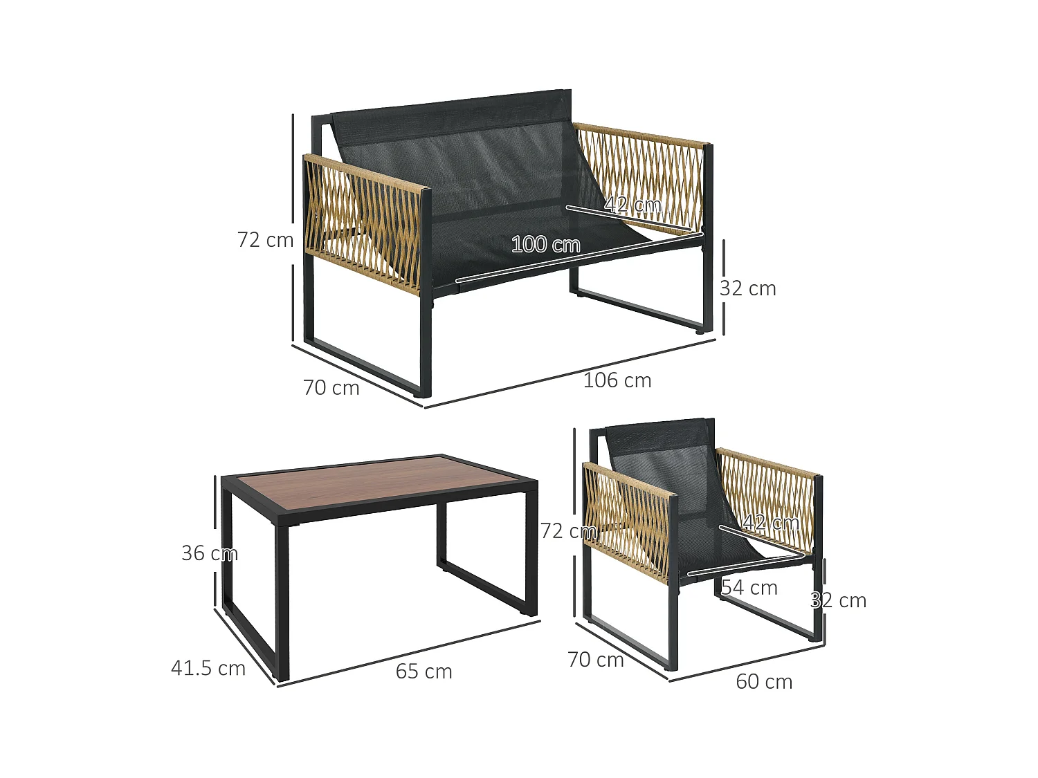 Set da giardino 4 pezzi in rattan con divanetto, 2 sedie e tavolino