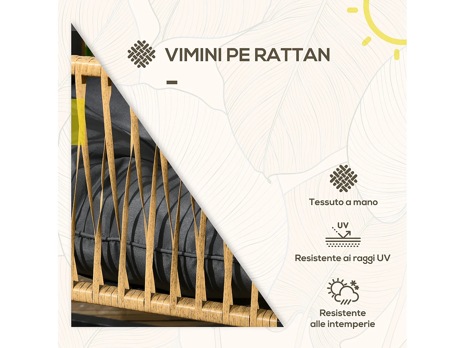 Set da giardino 4 pezzi in rattan con divanetto, 2 sedie e tavolino