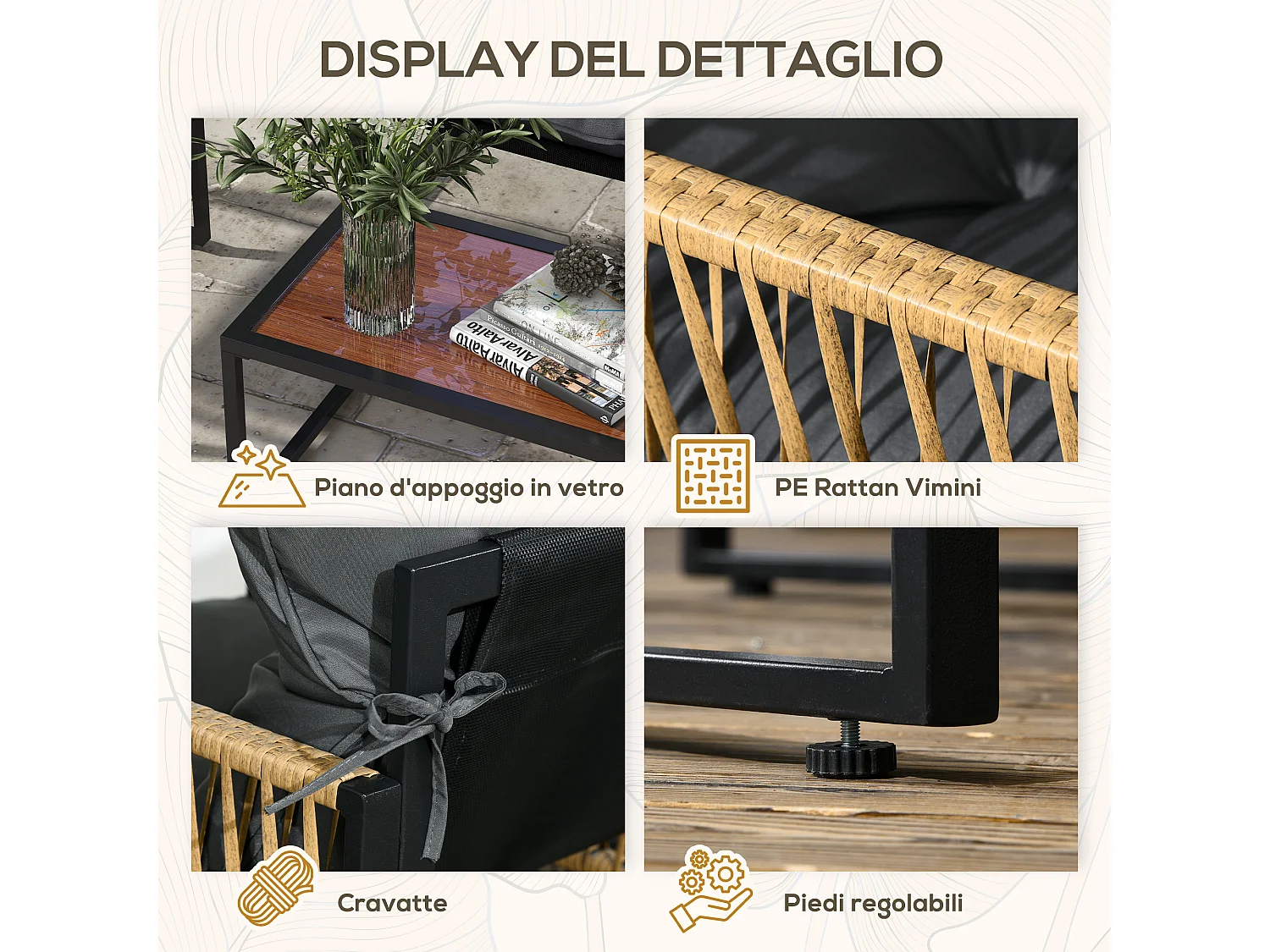 Set da giardino 4 pezzi in rattan con divanetto, 2 sedie e tavolino