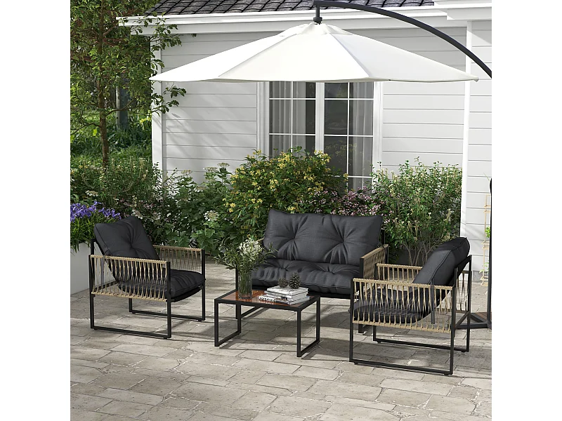 Set da giardino 4 pezzi in rattan con divanetto, 2 sedie e tavolino