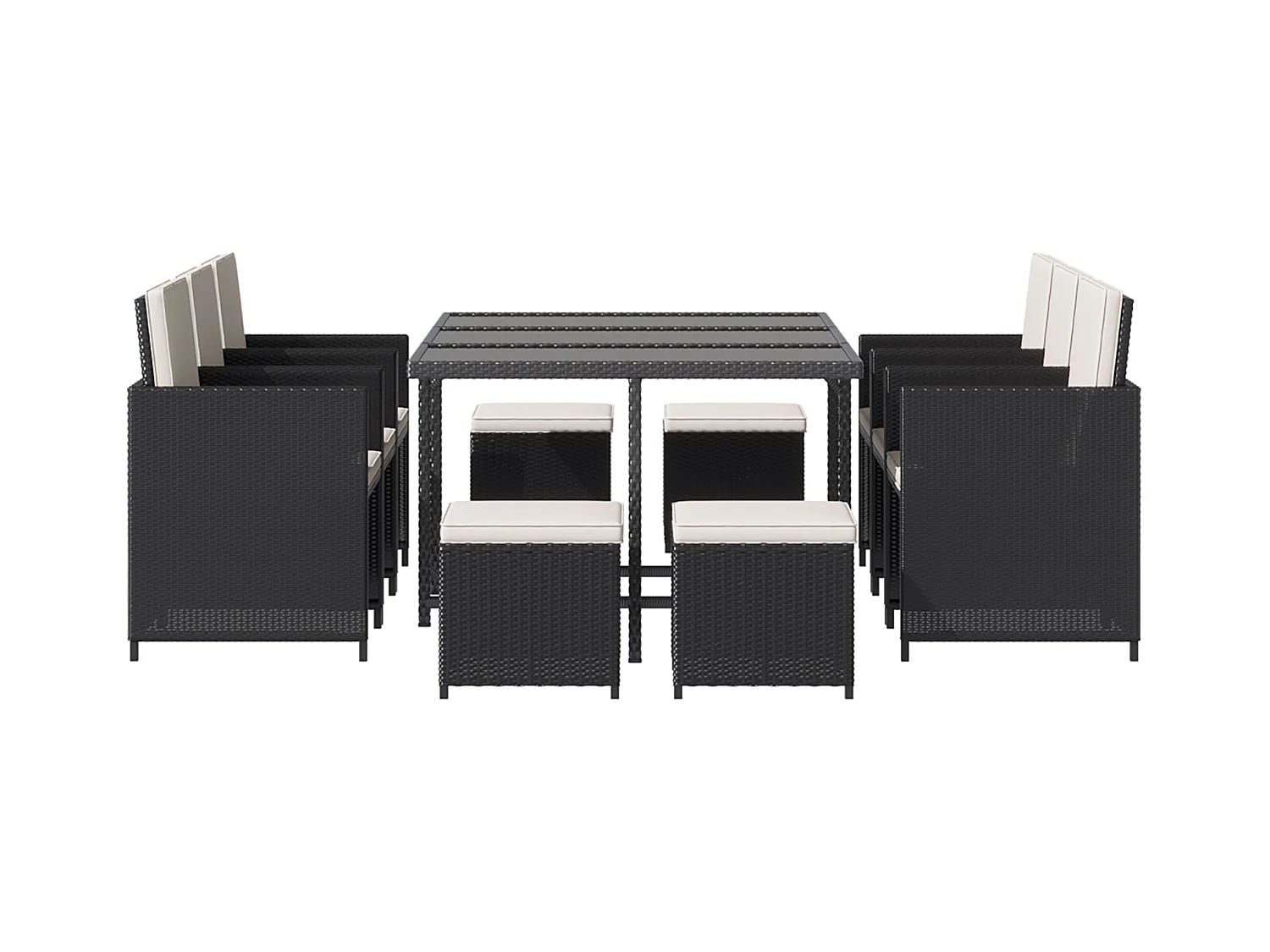 Set da giardino con tavolo 6 sedie e 4 sgabelli con cuscini nero