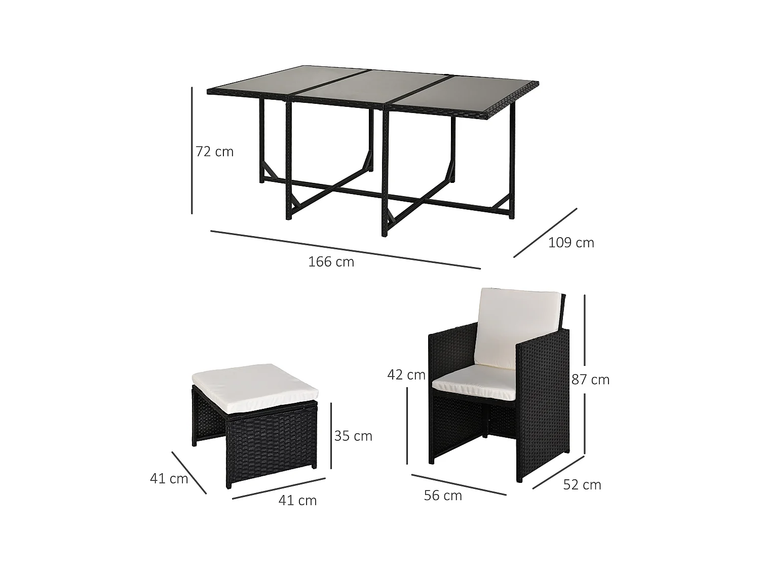 Set da giardino con tavolo 6 sedie e 4 sgabelli con cuscini nero