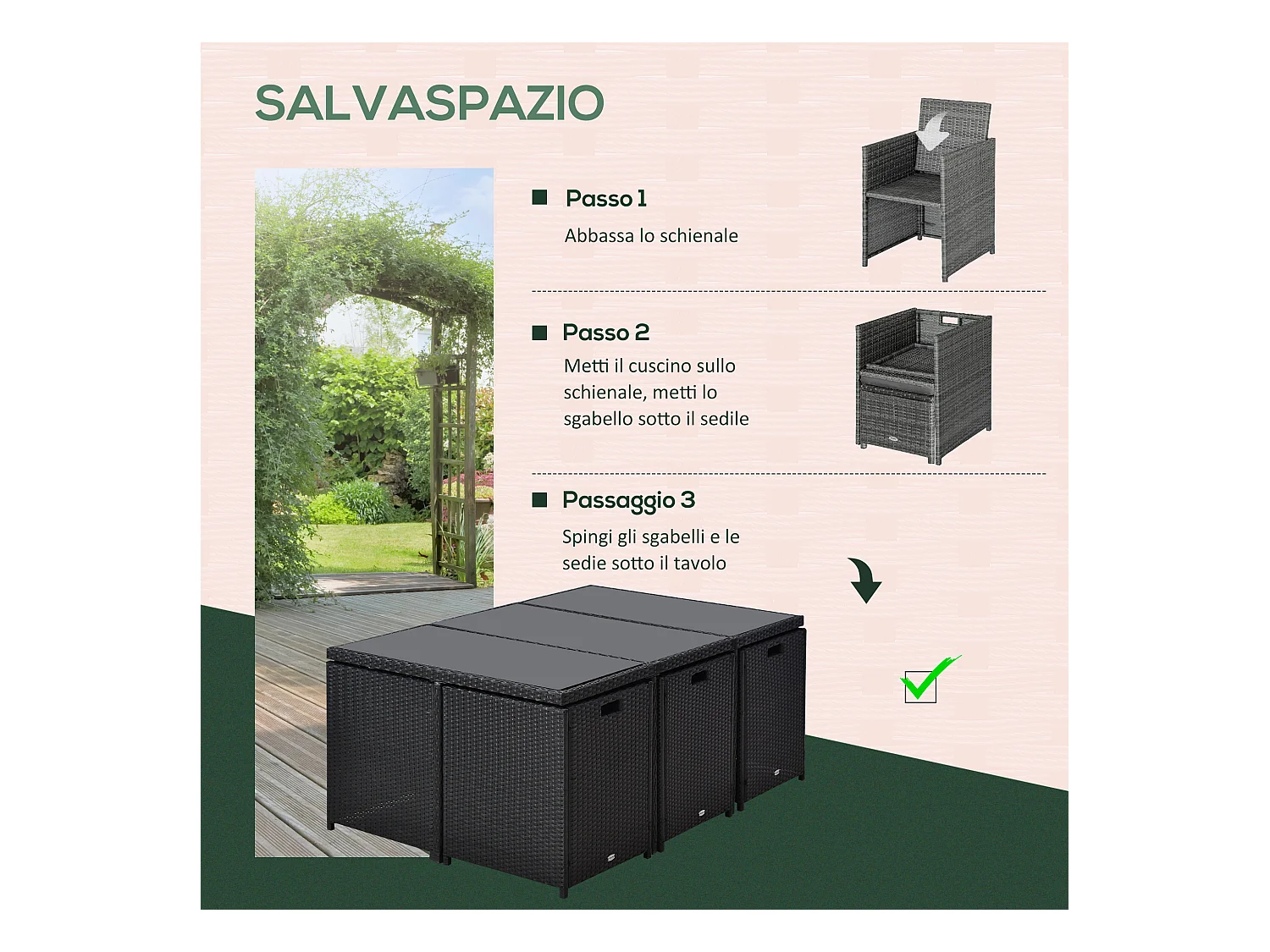 Set da giardino con tavolo 6 sedie e 4 sgabelli con cuscini nero