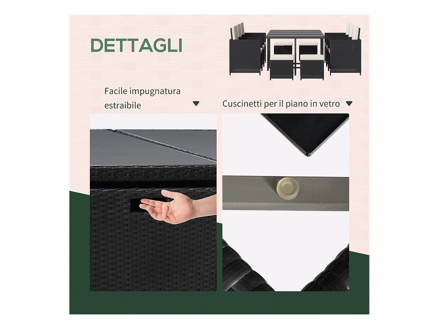 Set da giardino con tavolo 6 sedie e 4 sgabelli con cuscini nero