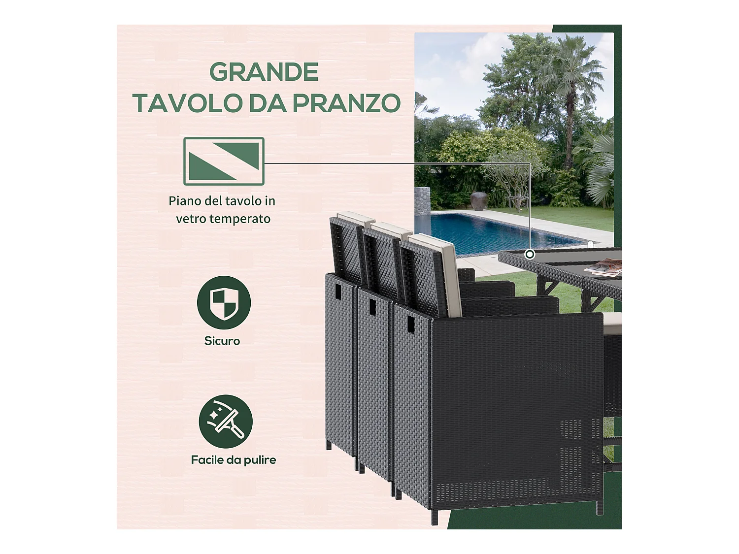 Set da giardino con tavolo 6 sedie e 4 sgabelli con cuscini nero